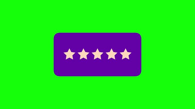 Five-star rating animation icon displayed on a purple rounded rectangle button with a bright green screen background for video overlays, representing feedback and customer satisfaction.