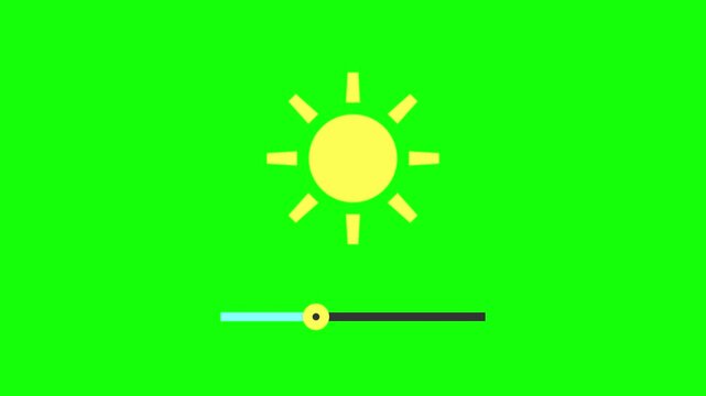 Animation icon of a yellow sun with a brightness control slider interface on a solid green screen background for video editing, UI design, and solar energy settings visualization.