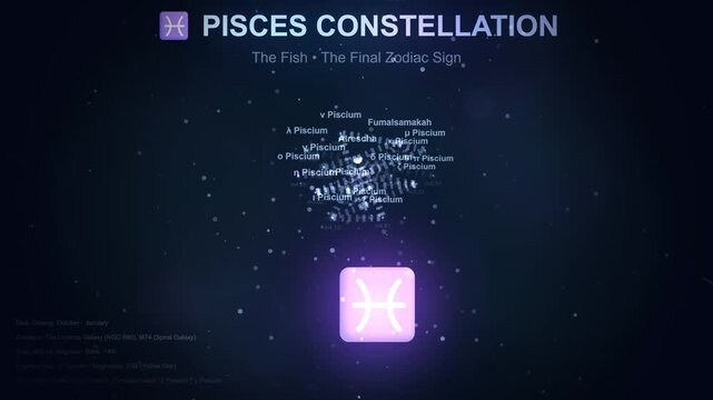 A digital representation of the Pisces constellation, featuring glowing stars, abstract lines, and a futuristic interface with text elements. Ideal for astrology, technology, and cosmic themes.