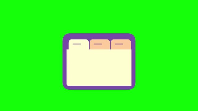 2D Flat Design Animation Icon of a Document File Folder with Multiple Tabs inside a Purple Rounded Square Box Isolated on a Green Screen Background for Motion Graphics and Video Editing UI