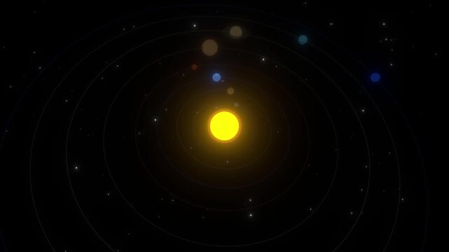 Stylized solar system illustration with a bright glowing sun and planets on circular orbital paths against a dark black space background concept