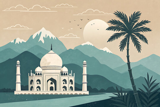 Minimalist Indian travel poster concept, palace dome, mountain landscape, palm tree and traditional architecture arranged into clean geometric layers, muted vintage Indian palette, sophisticated edito