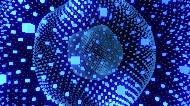 Futuristic Blue Digital Particle Sphere Tunnel with Glowing Cyber Network Data Dots and Geometric Matrix