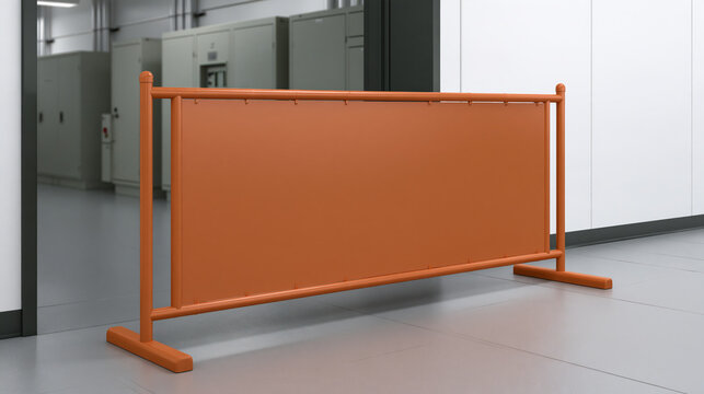 Orange freestanding barrier across an industrial room entrance
