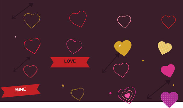 Colorful hearts and stars scattered on dark background