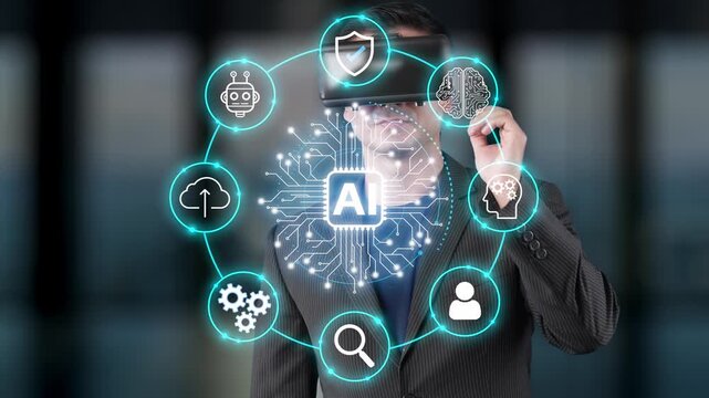 Businessman using virtual reality headset with artificial intelligence graphics and technology icons in a modern office environment. Entropy.