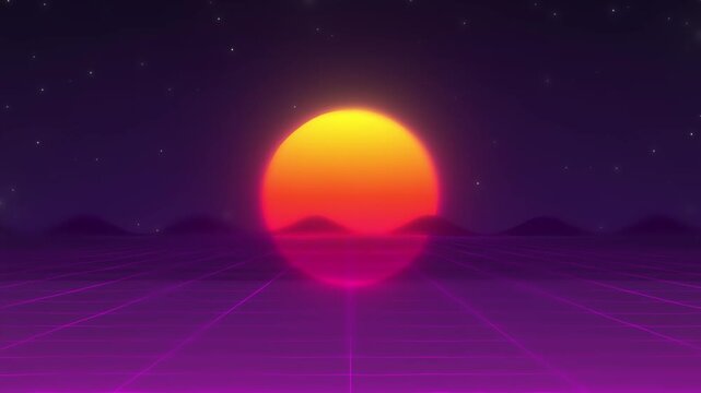 Vibrant 80s style synthwave landscape featuring a glowing neon sun over a purple digital grid surface with starry night sky