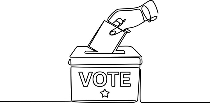 Continuous line drawing of a hand putting a paper ballot into a voting box for election