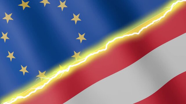 Two waving flags European Union and Austria with diagonal lightning seamless, 4k loop