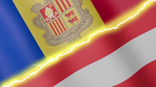 Two waving flags Andorra and Austria with diagonal lightning seamless, 4k loop