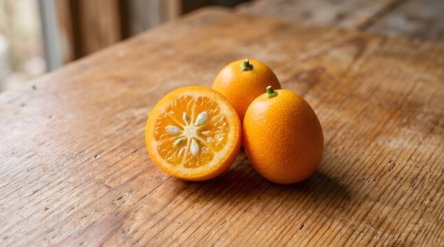 Sliced half and whole fresh kumquats showing tiny seeded segments on wooden surface