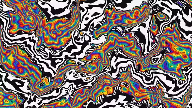 Vibrant Psychedelic Abstract Background with Wavy Rainbow Heat Map Gradients and Bold Black and White Fluid Marble Liquid Texture