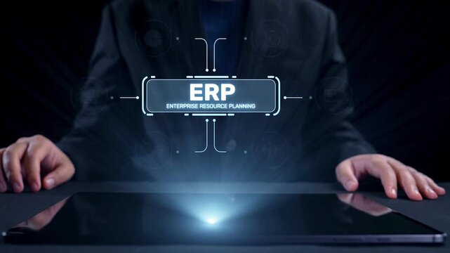 ERP platform visual showing centralized system for enterprise resource planning, improving integration, data flow, business efficiency, finance, inventory, and human resources. Elide