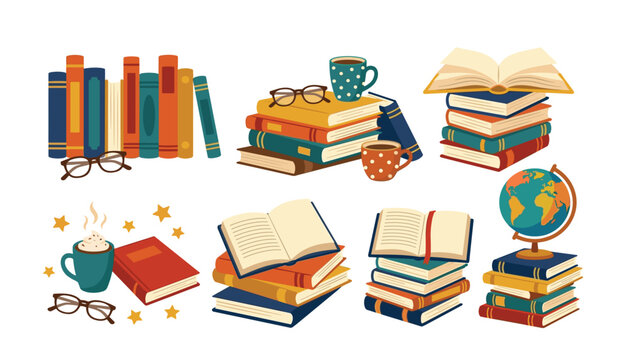 Flat vector illustration bundle featuring stacks of reading books coffee mugs eyeglasses and a world globe on white background. (19 words)