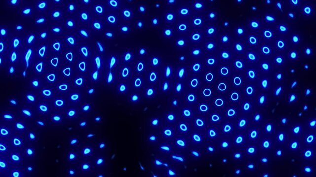 Abstract blue neon light pattern with glowing circular shapes on dark black background