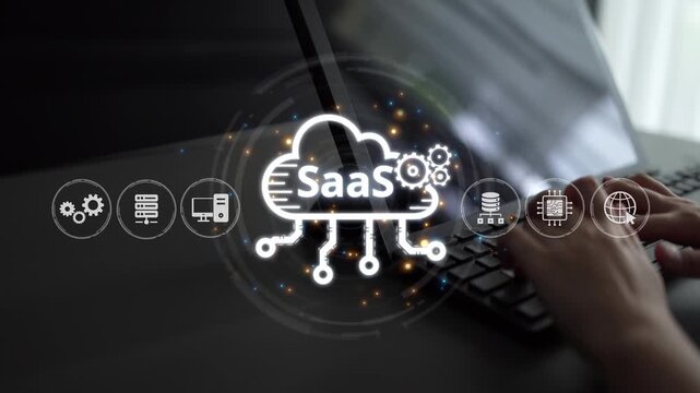 Visual representation of SaaS showing infrastructure, SaaS deployment, SaaS platform features, and SaaS integration model in digital environment. Muxer