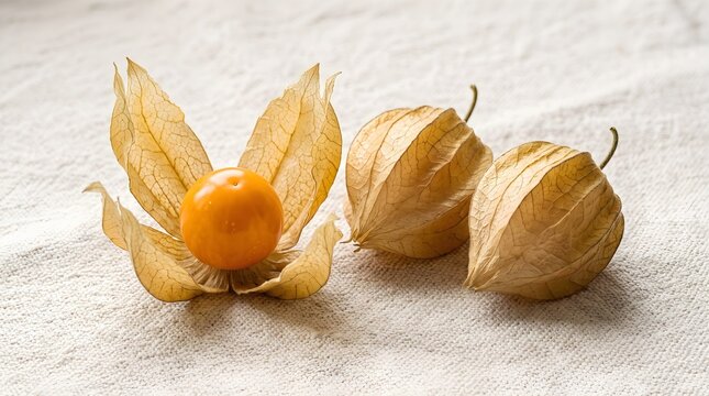 Physalis fruit with open papery husk showing orange cape gooseberry beside two unpeeled berries on cream linen