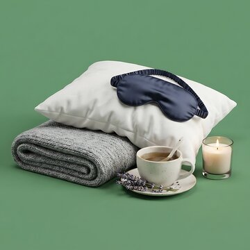 Cozy Winter Wellness Sleep Arrangement with Tea and Lavender on Green Background