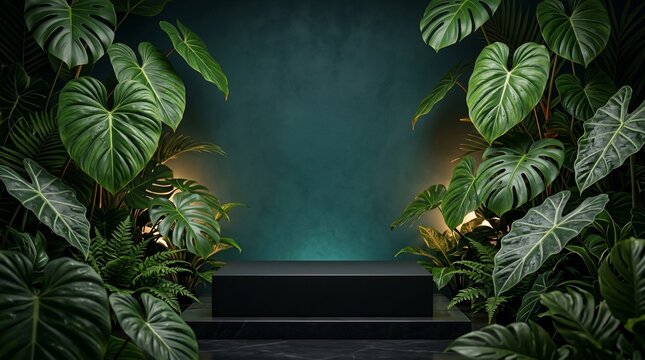 Tropical rainforest jungle foliage with pedestal stage for display
