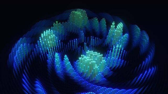 Abstract Digital Visualization Featuring Swirling Luminescent Data Clusters and Dynamic Geometric Heights on a Dark Background