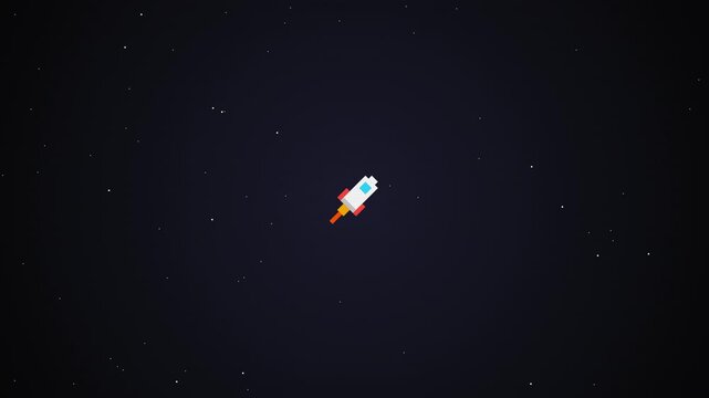 Pixel art rocket ship soaring through the night sky with bright stars and light, perfect for spacethemed designs and illustrations.
