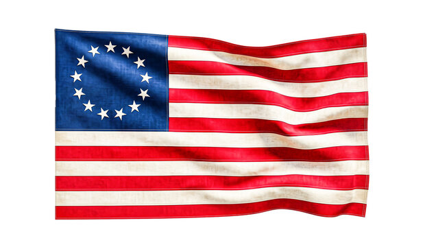 Betsy Ross flag waving on transparent background, historical america thirteen colony symbol.