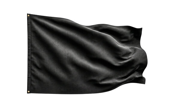 Black flag mockup with realistic texture and ripples isolated on transparent background.