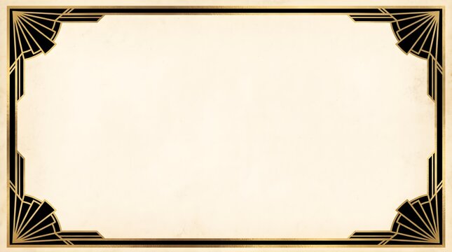 Art deco style decorative frame with gold and black fan details on off white background ornamental geometric ornament