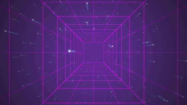 Neon purple grid wireframe tunnel background with flying light streaks and particles