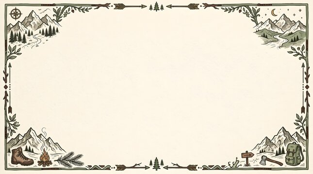 Decorative rustic border featuring hand-drawn mountain sketches and camping adventure elements mountain adventure