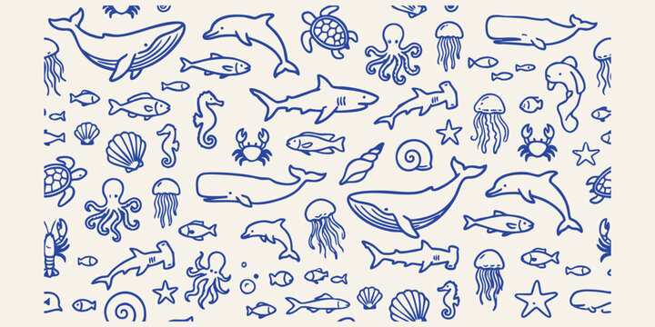Ocean life in a hand drawn doodle pattern with assorted marine creatures on a light background during daytime