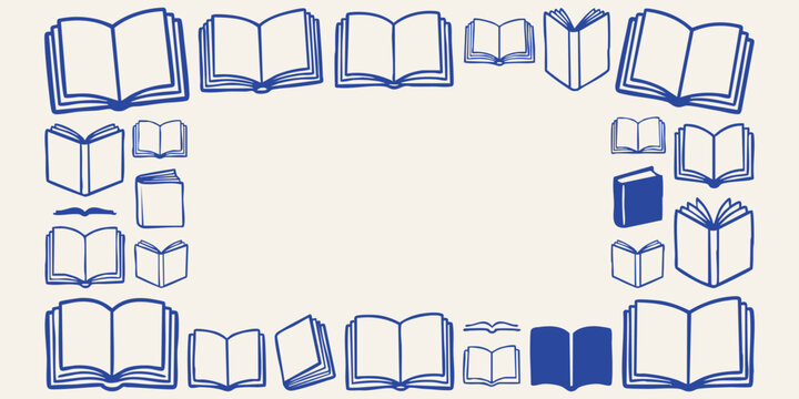Open books arranged in a border with a hand drawn doodle style on a cream background representing knowledge and learning