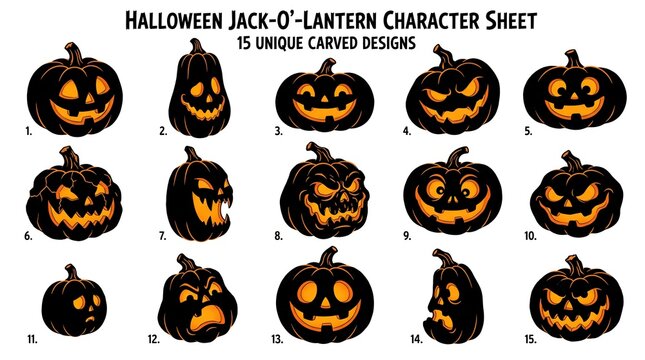 Halloween Jack O Lantern character sheet vector set featuring fifteen unique carved pumpkin designs. Spooky facial expressions. Smiling angry and fearful glow. Holiday design elements