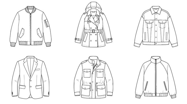 a flat vector line illustration of various men's outerwear jackets and coats technical fashion sketches