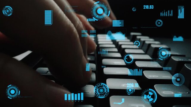 Hands actively typing on a modern computer keyboard, enhanced by digital technology graphics, depicting the essence of data entry and digital engagement in a sleek workspace. Xenic