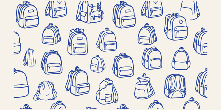 Various backpacks and bags in a hand drawn doodle pattern on a light background