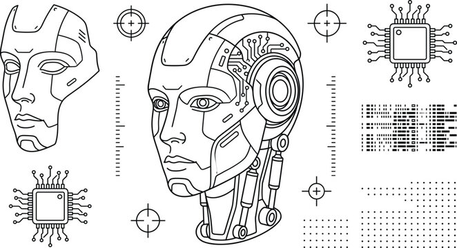 Artificial Intelligence Robot Head Set with Cybernetic Mask and Microchip Line Art Vectors