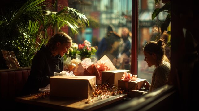 27.Sunlit cafe corner with large window, two friends laughing while unwrapping birthday presents, gift boxes with satin ribbons, scattered confetti on the table, warm tones, blurred passerby movement