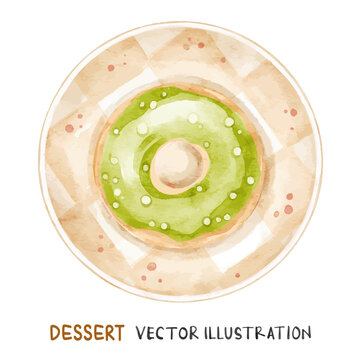 Watercolor matcha donut with sprinkles on plate. Vector food illustration.