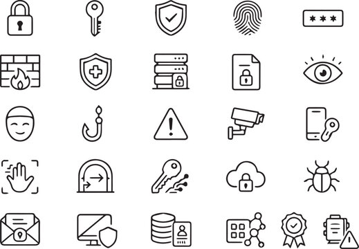 Minimalist Cybersecurity and Data Protection Line Icon Set with Network Safety Vector