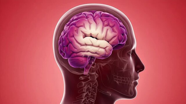 3D medical illustration of a human brain inside a transparent head profile showing detailed anatomical structure and nervous system
