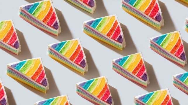 48.Overhead view of triangular birthday cake slices with rainbow layers, arranged in orderly repeating pattern, smooth frosting surface, white background for strong contrast, shadow details for