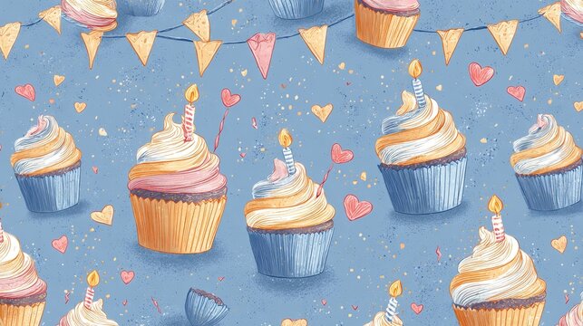 53.Uniform tiled design featuring whimsical birthday cupcakes with whipped icing swirls, lit candles glowing warmly, blue backdrop with subtle texture, scattered party elements such as hearts,