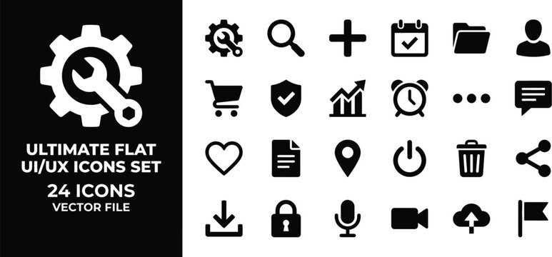 Flat UI UX icons set, 24 black minimalist vector symbols for web design, professional interface elements for mobile apps and software development