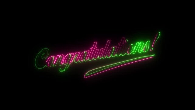 Pink and green neon script text Congratulations with flourish on black lettering 4k video.