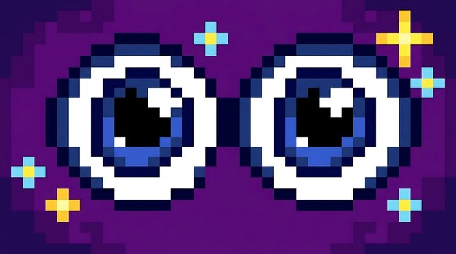 Pixel art eyes stare forward with pixelated sparkle icons floating around on a dark purple background.