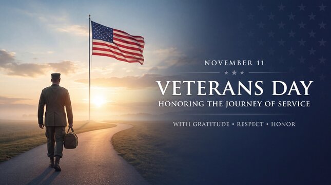 Veterans day tribute with soldier walking on a path towards an american flag at sunset