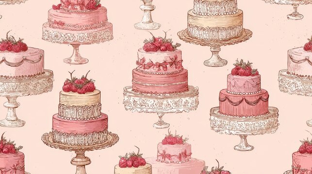 70.Seamless pattern of elegant vintage cakes on stands, decorated with lace piping, strawberries, bows, and pearls, soft romantic color palette of pinks and creams, delicate hand-drawn lines,
