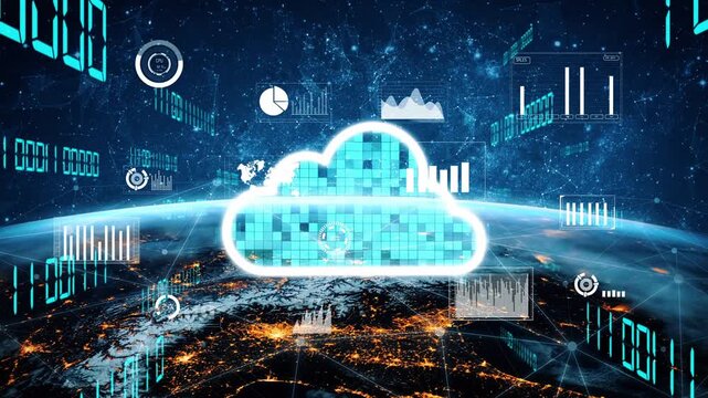 Stunning visualization of digital cloud technology over Earth at night, showcasing global connectivity, data analytics, and interactive graphs for modern businesses. Xenic