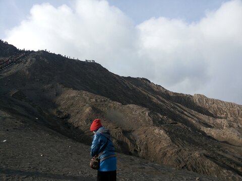 Mount Bromo Volcanic Caldera Landscape with Tourists in East Java Indonesia